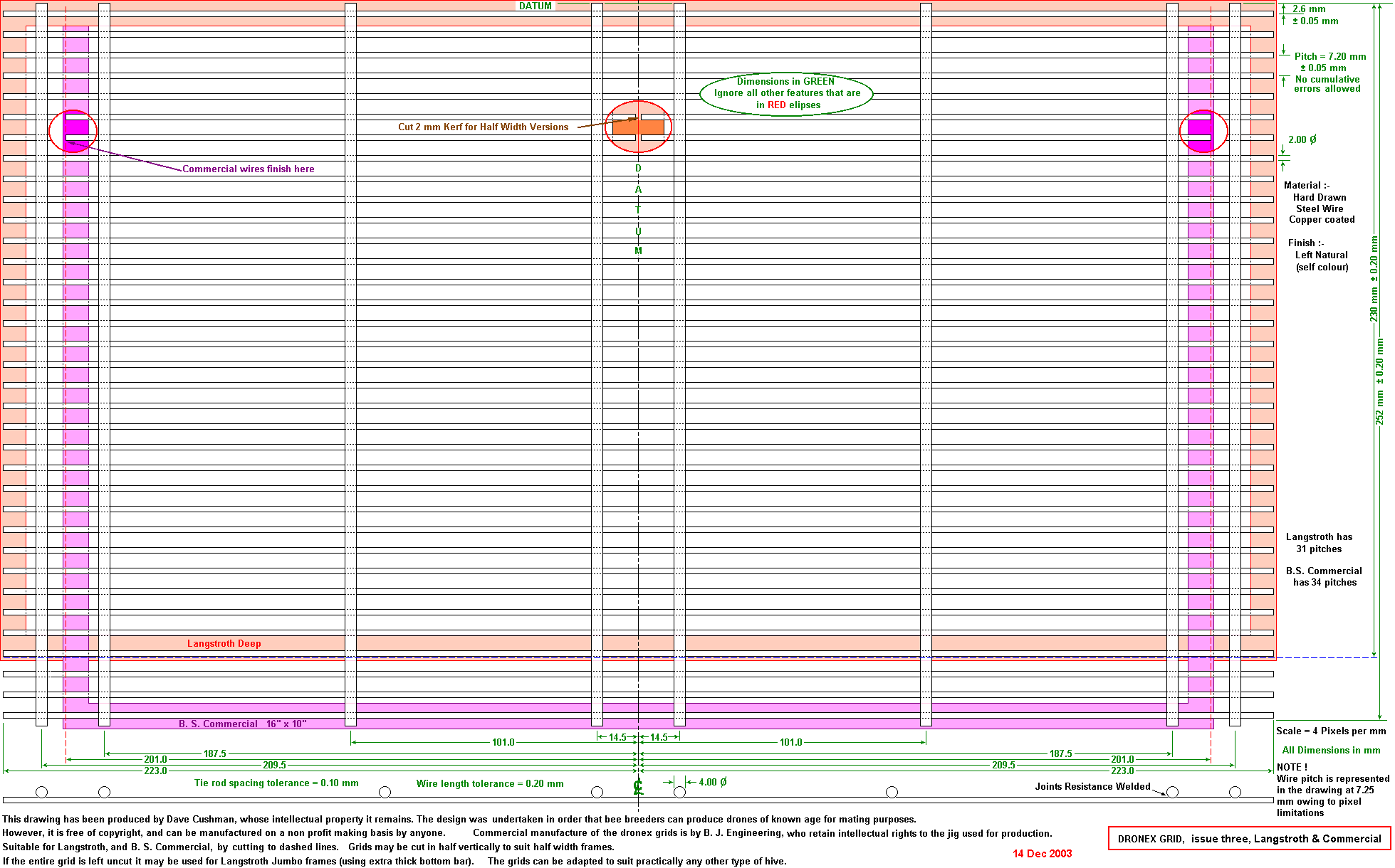 DRONEX grid that can be cut in two different ways to suit Commercial or Langstroth Frames