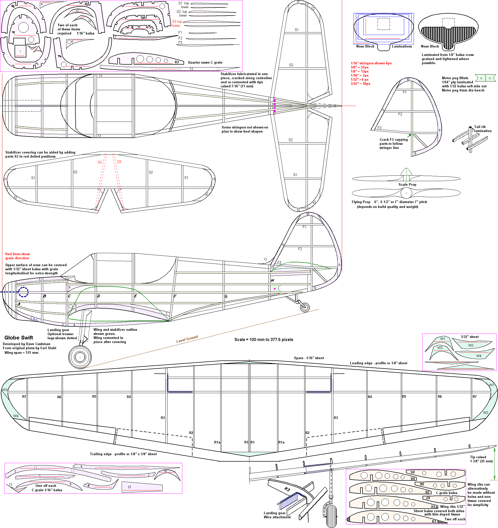 Plan for 515 mm Wingspan Rubber Powered Globe Swift