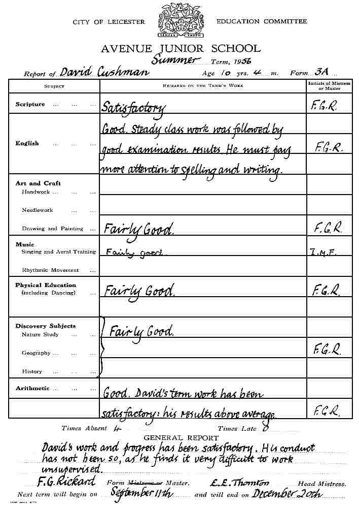 Avenue Road Junior School, Term Report, Summer 1956