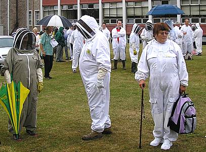 Candidates, including Kathy Cox, waiting in the rain for Preliminary Pracical Examinations, Photo... Chris Slade