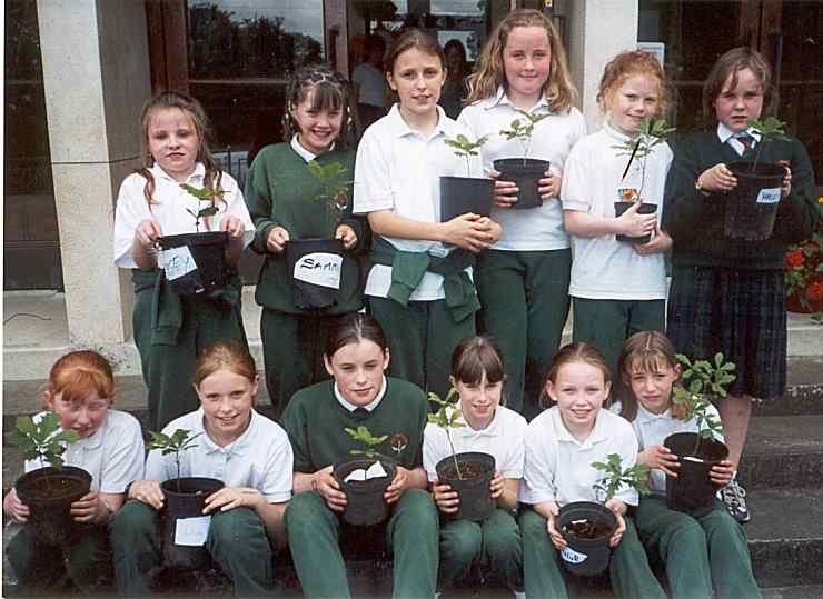 Group of children collecting trees that they have grown as a result of this project